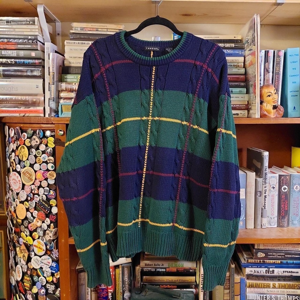Vintage Casbah Cable Knit Sweater Large Cotton Colorblock Navy Green Red Yellow